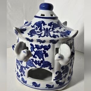 Chinoiserie Blue and White Porcelain Bird House Asian Lantern 8” Modern